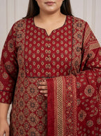 Maroon Cotton Printed Kurta Pant Set with Dupatta-200100