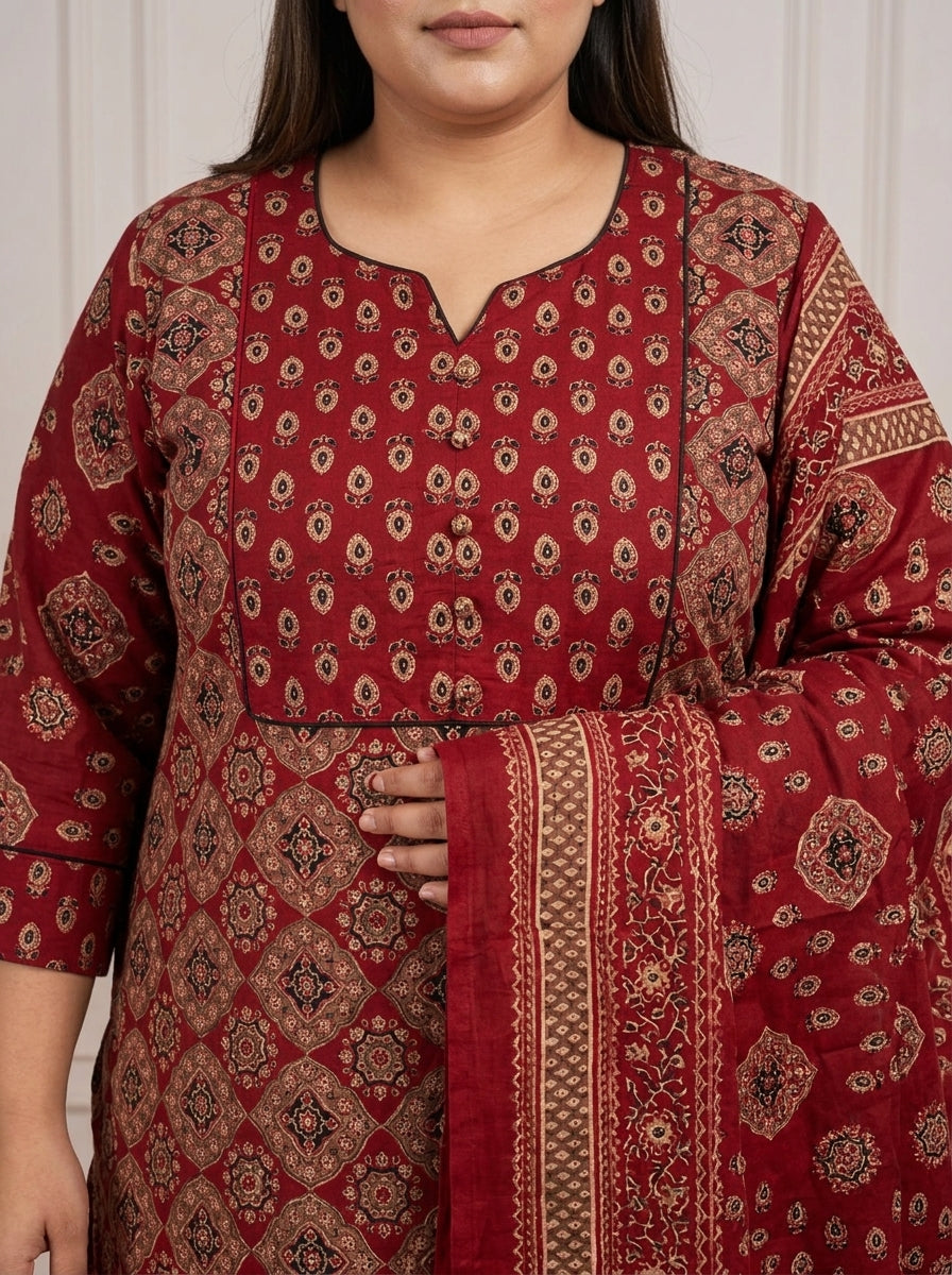Maroon Cotton Printed Kurta Pant Set with Dupatta-200100