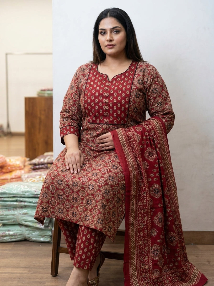 Maroon Cotton Printed Kurta Pant Set with Dupatta-200100