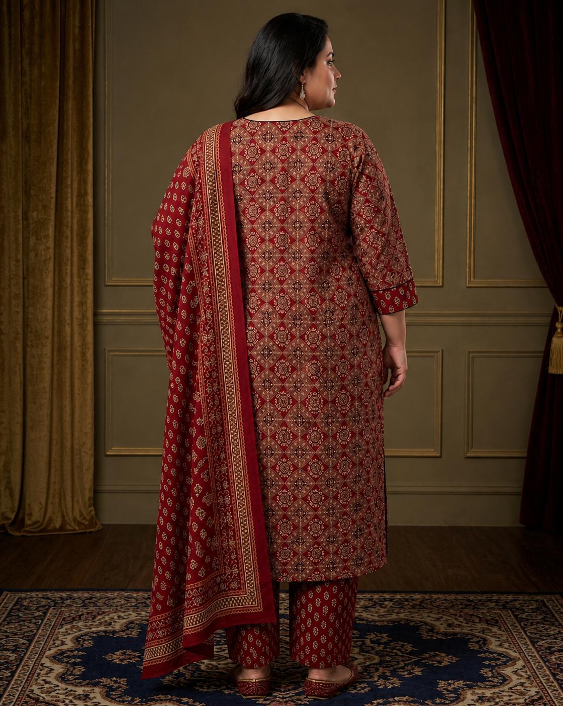 Maroon Cotton Printed Kurta Pant Set with Dupatta-200100 Secondary image