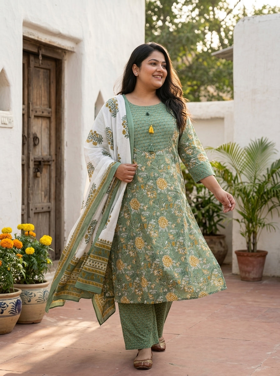 Green Cotton Printed Kurta Pant Set with Dupatta-200101 Main image