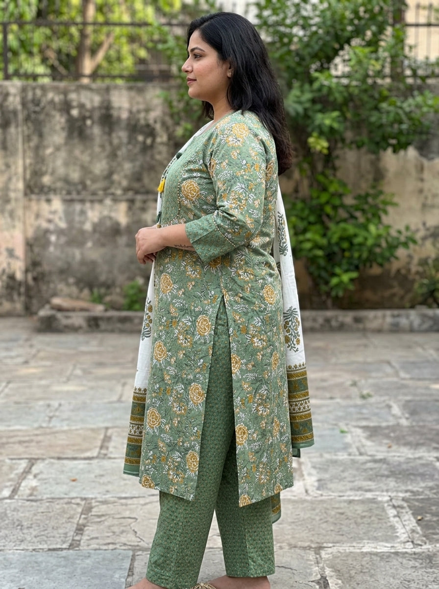 Green Cotton Printed Kurta Pant Set with Dupatta-200101