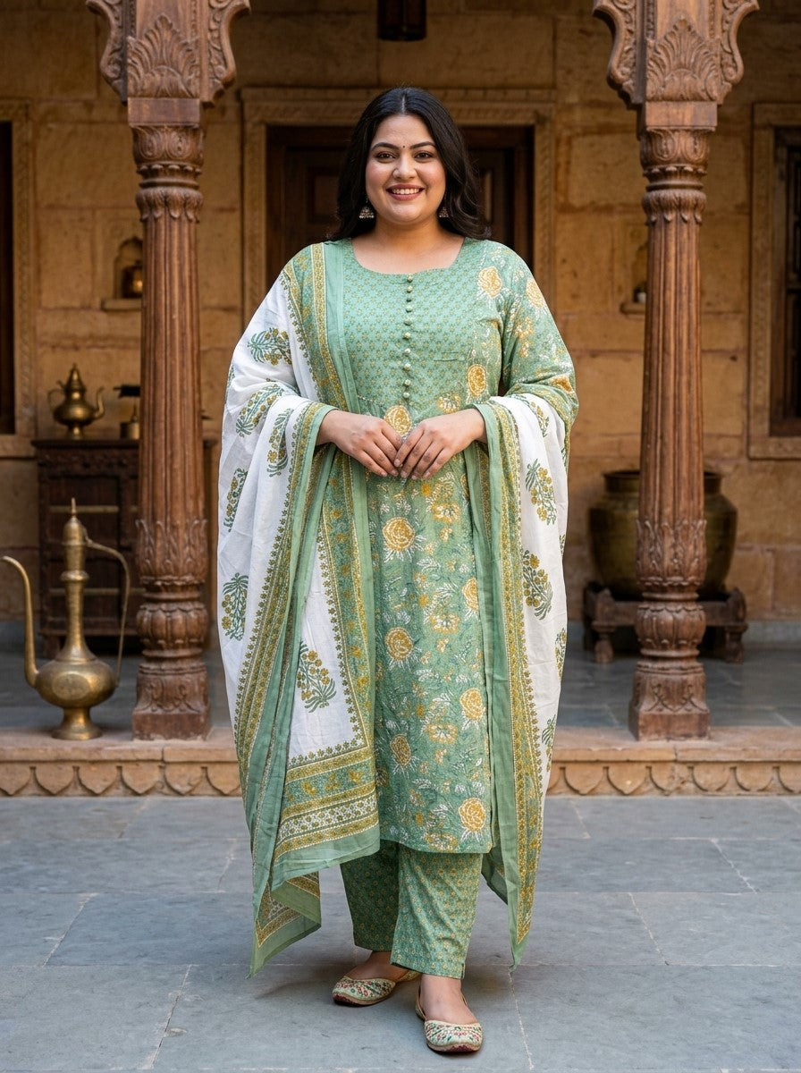 Green Cotton Printed Kurta Pant Set with Dupatta-200101 Secondary image