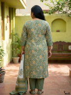 Green Cotton Printed Kurta Pant Set with Dupatta-200101