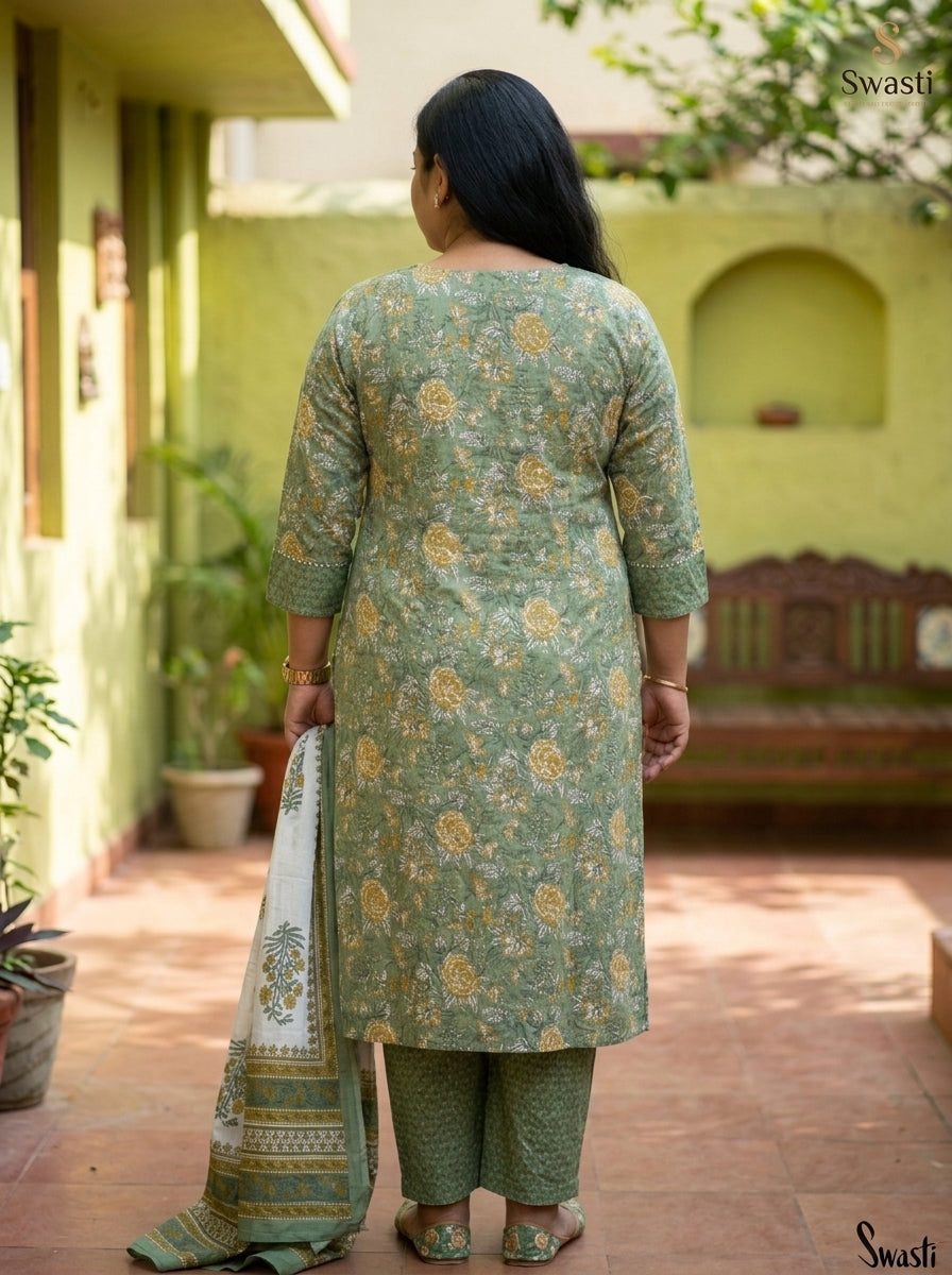 Green Cotton Printed Kurta Pant Set with Dupatta-200101