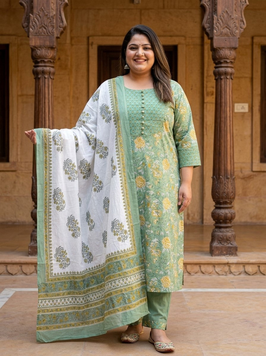 Green Cotton Printed Kurta Pant Set with Dupatta-200101 Main image