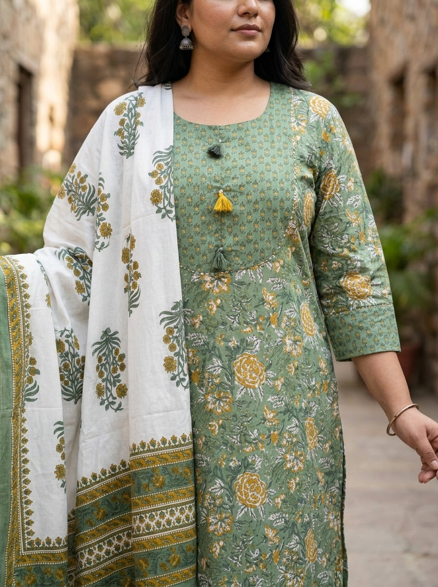 Green Cotton Printed Kurta Pant Set with Dupatta-200101