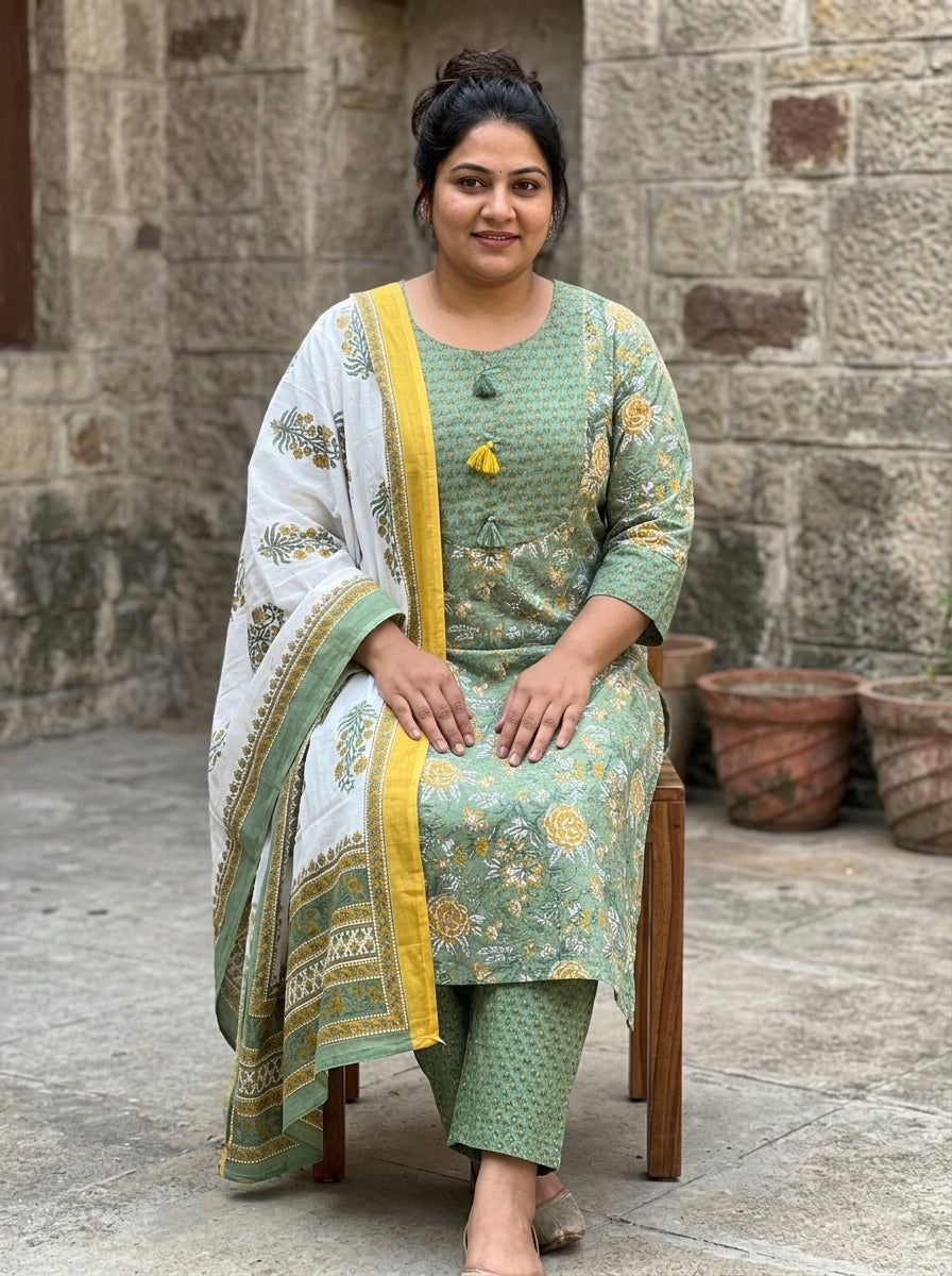 Green Cotton Printed Kurta Pant Set with Dupatta-200101