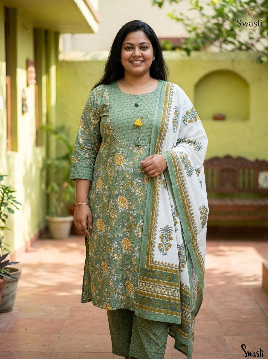 Green Cotton Printed Kurta Pant Set with Dupatta-200101
