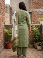 Green Cotton Printed Kurta Pant Set with Dupatta-200101