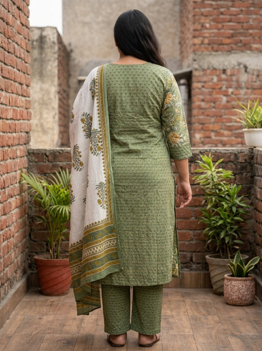 Green Cotton Printed Kurta Pant Set with Dupatta-200101
