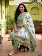 Green Cotton Printed Kurta Pant Set with Dupatta-200101