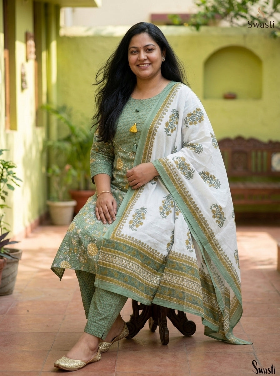 Green Cotton Printed Kurta Pant Set with Dupatta-200101