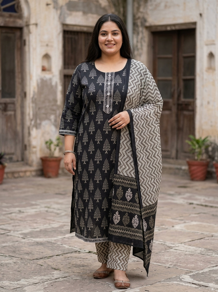 Plus Size Black Cotton Printed Kurta Pant Set with Dupatta-200110 Main image