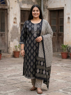 Plus Size Black Cotton Printed Kurta Pant Set with Dupatta-200110