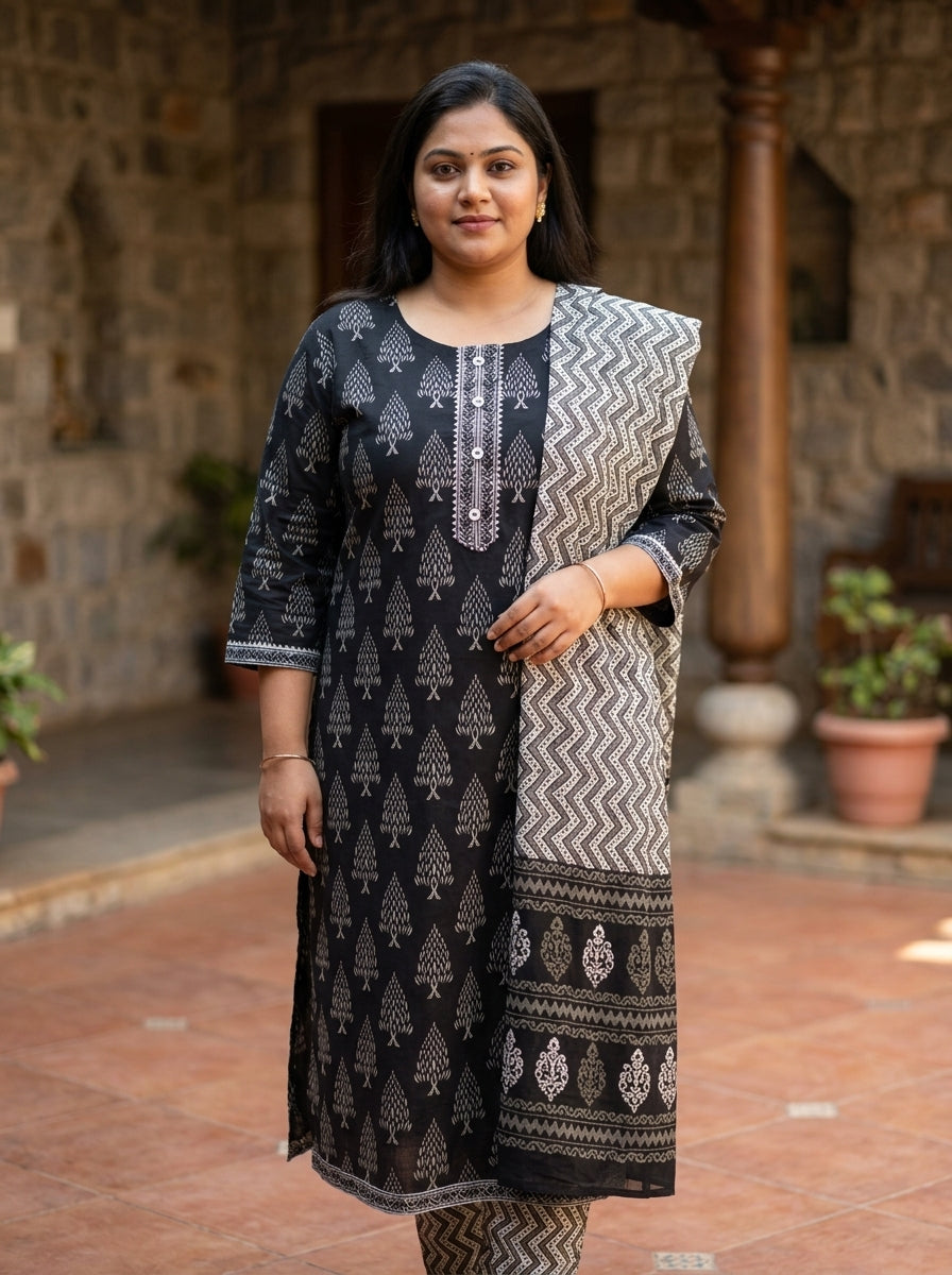 Plus Size Black Cotton Printed Kurta Pant Set with Dupatta-200110 Secondary image