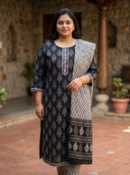 Plus Size Black Cotton Printed Kurta Pant Set with Dupatta-200110