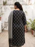 Plus Size Black Cotton Printed Kurta Pant Set with Dupatta-200110