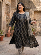 Plus Size Black Cotton Printed Kurta Pant Set with Dupatta-200110