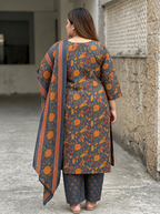 Plus Size Blue Cotton Printed Kurta Pant Set with Dupatta-200112
