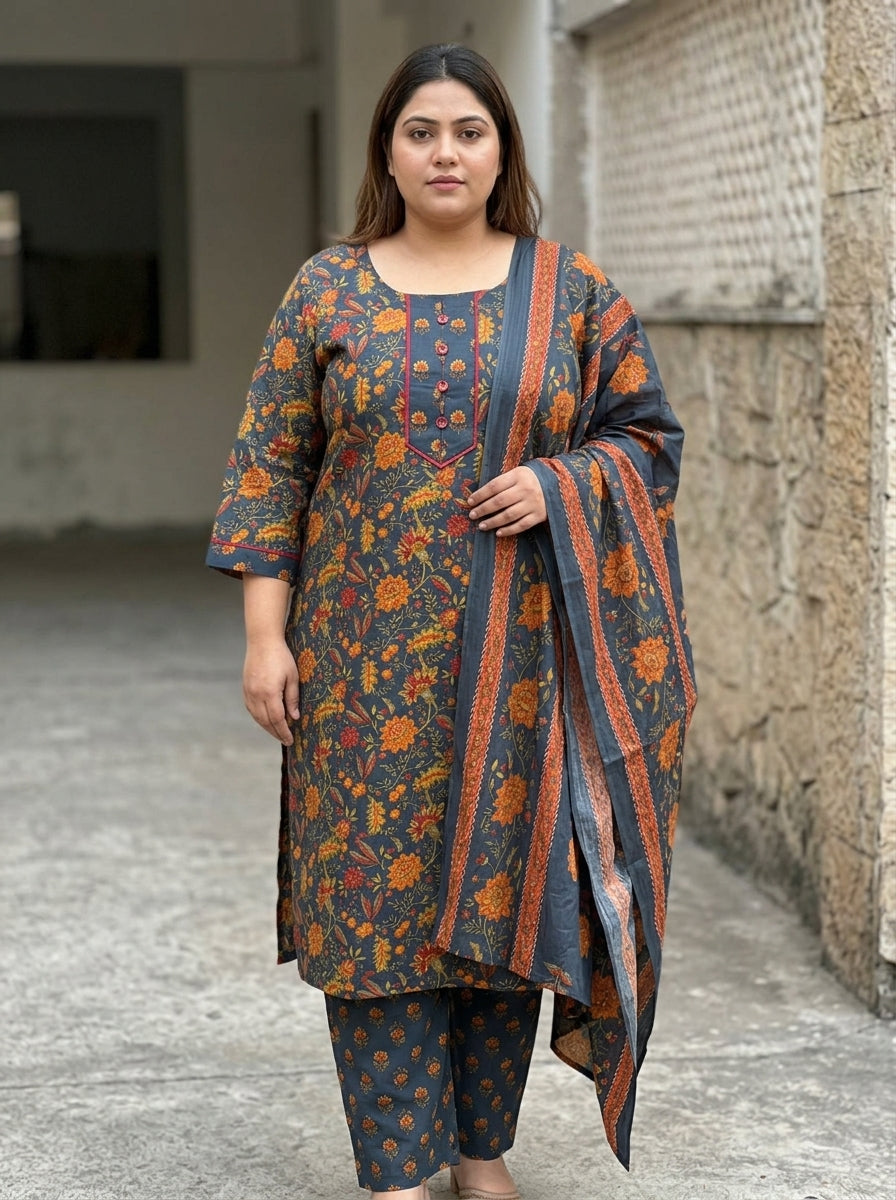 Plus Size Blue Cotton Printed Kurta Pant Set with Dupatta-200112 Main image