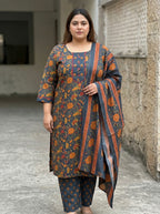 Plus Size Blue Cotton Printed Kurta Pant Set with Dupatta-200112