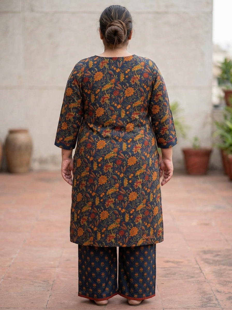 Plus Size Blue Cotton Printed Kurta Pant Set with Dupatta-200112 Secondary image