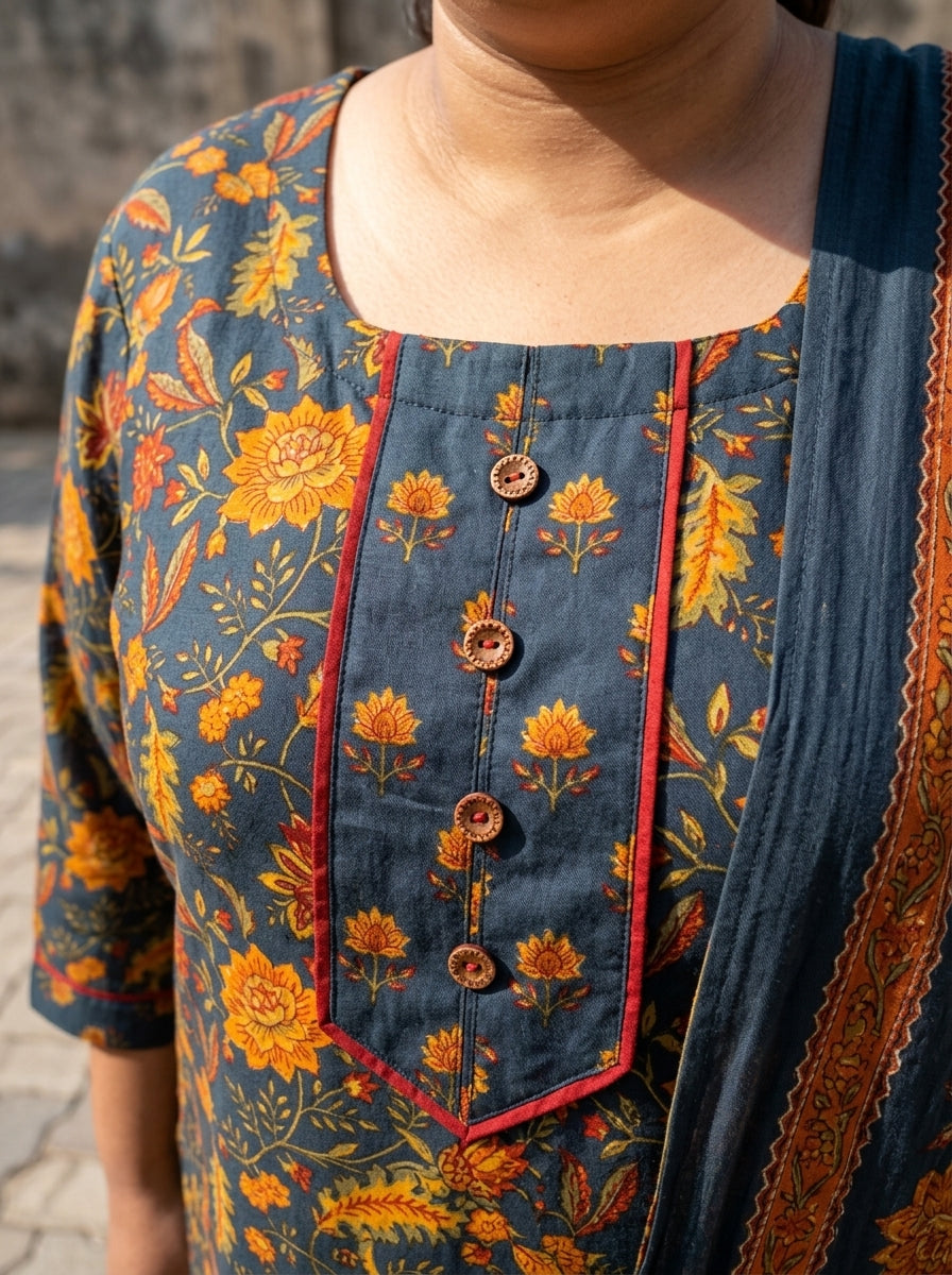 Plus Size Blue Cotton Printed Kurta Pant Set with Dupatta-200112