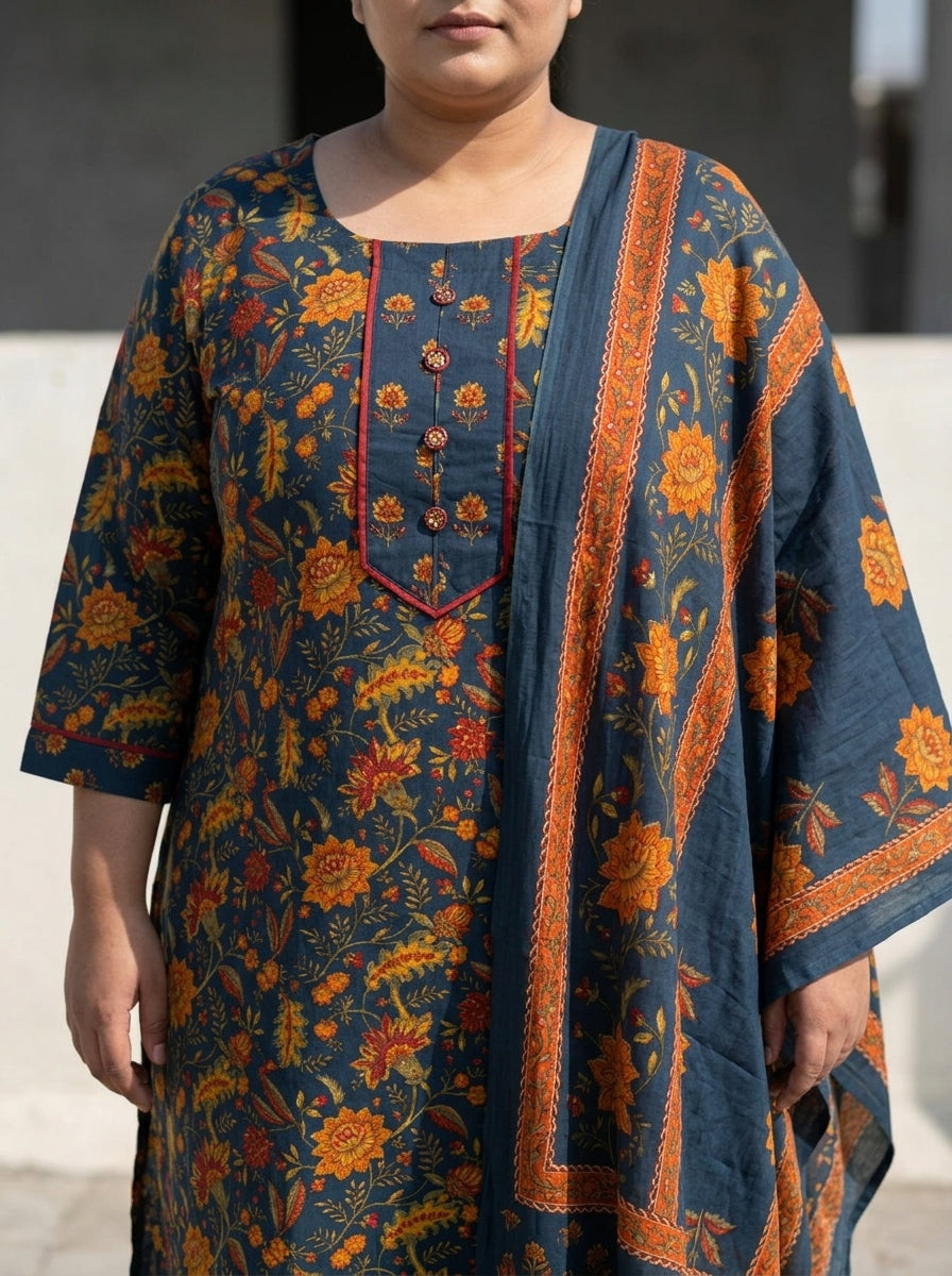 Plus Size Blue Cotton Printed Kurta Pant Set with Dupatta-200112