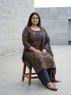 Plus Size Blue Cotton Printed Kurta Pant Set with Dupatta-200112