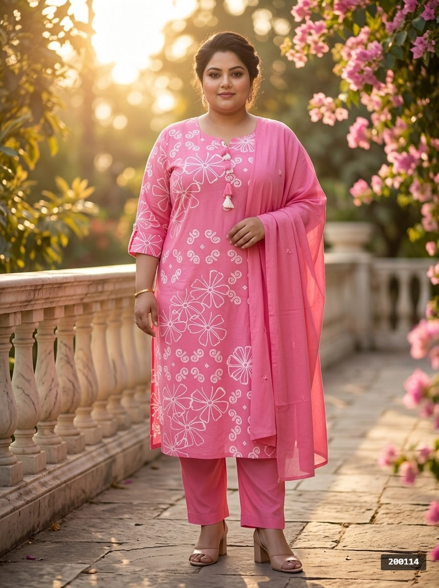 Pink Cotton Printed Plus Size Kurta Pant Set with Dupatta-200114