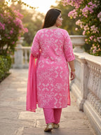 Pink Cotton Printed Plus Size Kurta Pant Set with Dupatta-200114