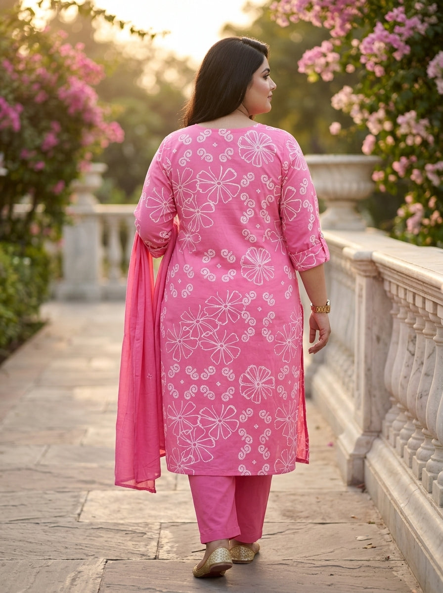 Pink Cotton Printed Plus Size Kurta Pant Set with Dupatta-200114