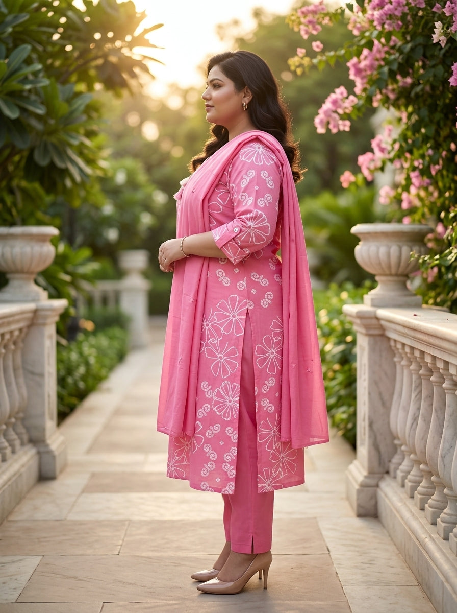 Pink Cotton Printed Plus Size Kurta Pant Set with Dupatta-200114