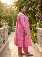 Pink Cotton Printed Plus Size Kurta Pant Set with Dupatta-200114