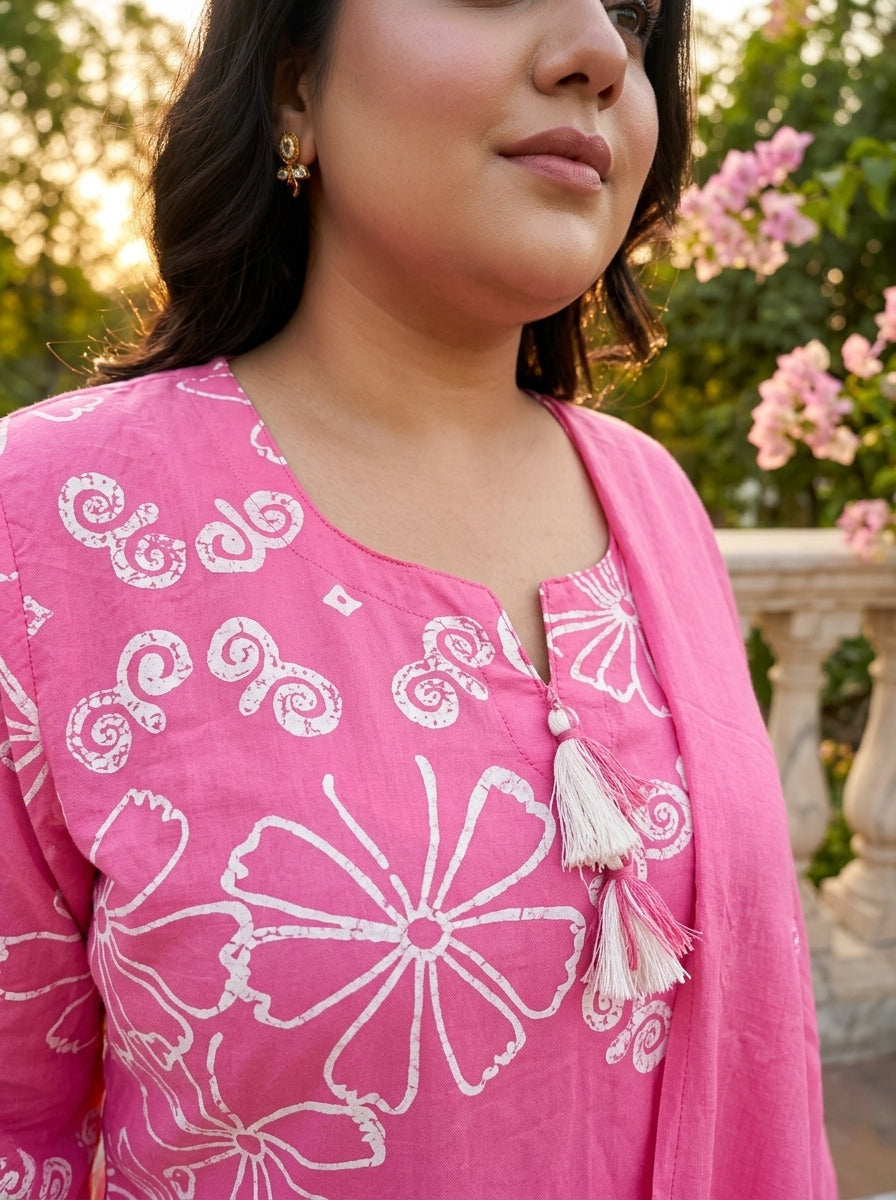 Pink Cotton Printed Plus Size Kurta Pant Set with Dupatta-200114