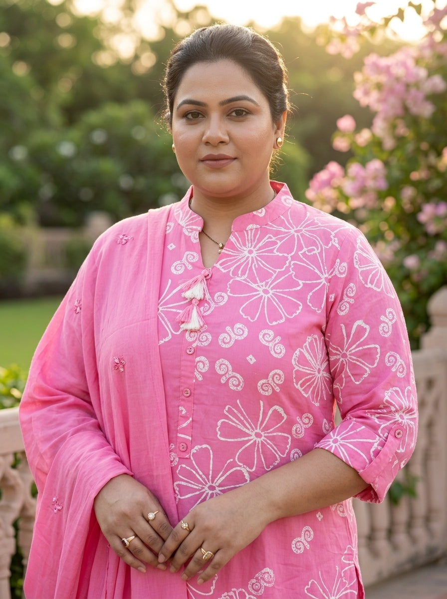 Pink Cotton Printed Plus Size Kurta Pant Set with Dupatta-200114