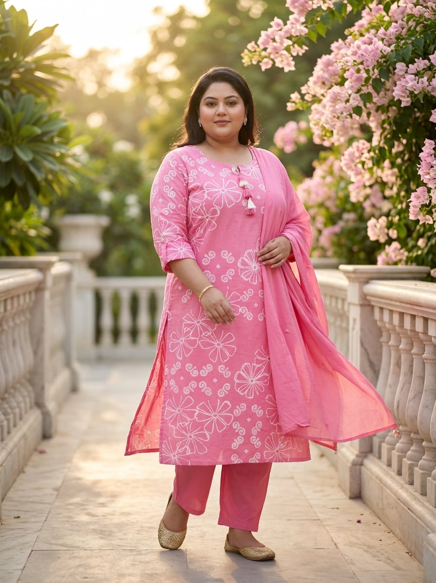 Pink Cotton Printed Plus Size Kurta Pant Set with Dupatta-200114
