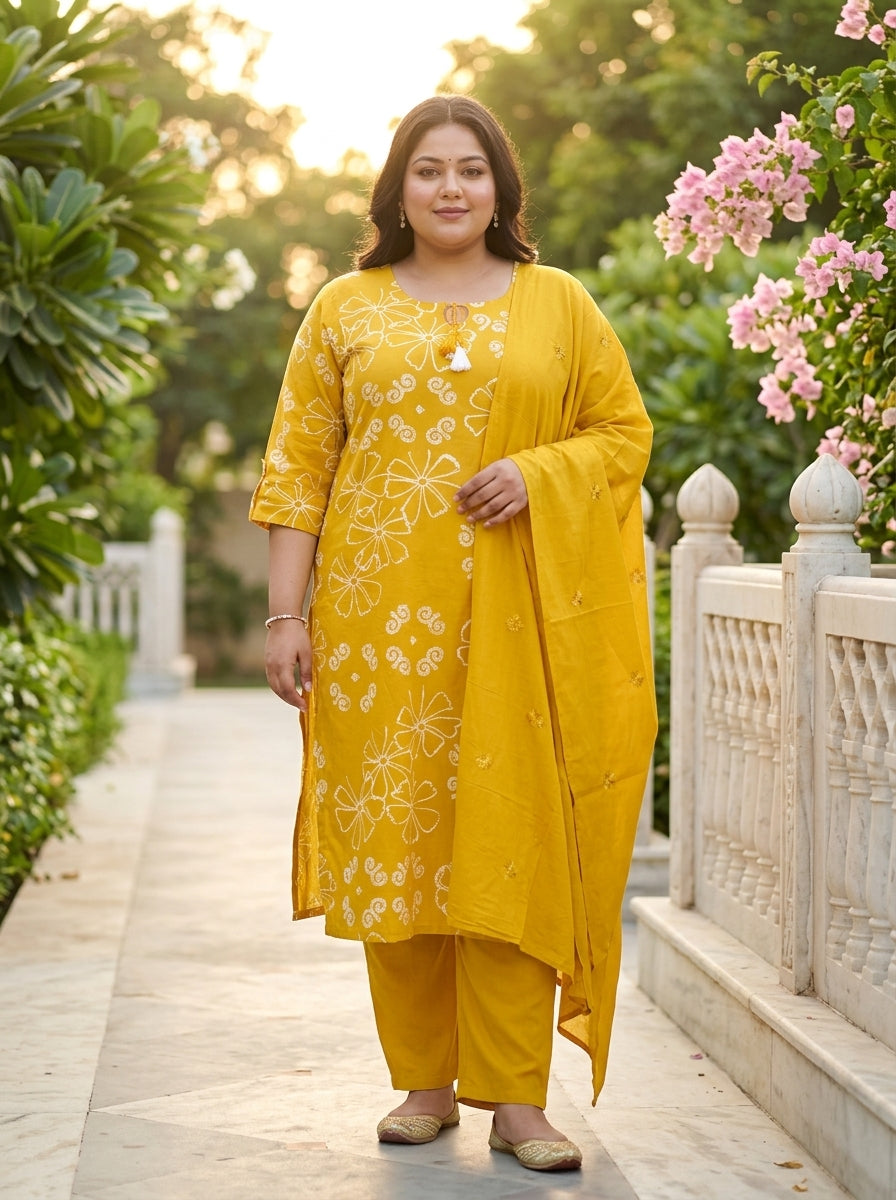 Yellow Cotton Printed Kurta Pant Set with Dupatta Plus Size-200115