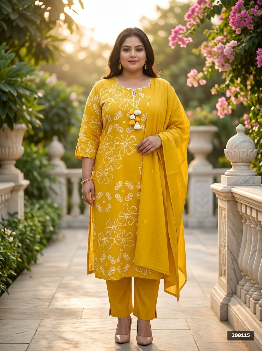 Yellow Cotton Printed Kurta Pant Set with Dupatta Plus Size-200115