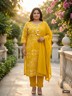 Yellow Cotton Printed Kurta Pant Set with Dupatta Plus Size-200115