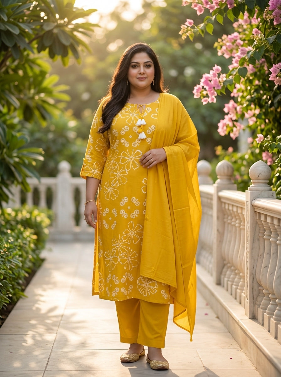 Yellow Cotton Printed Kurta Pant Set with Dupatta Plus Size-200115