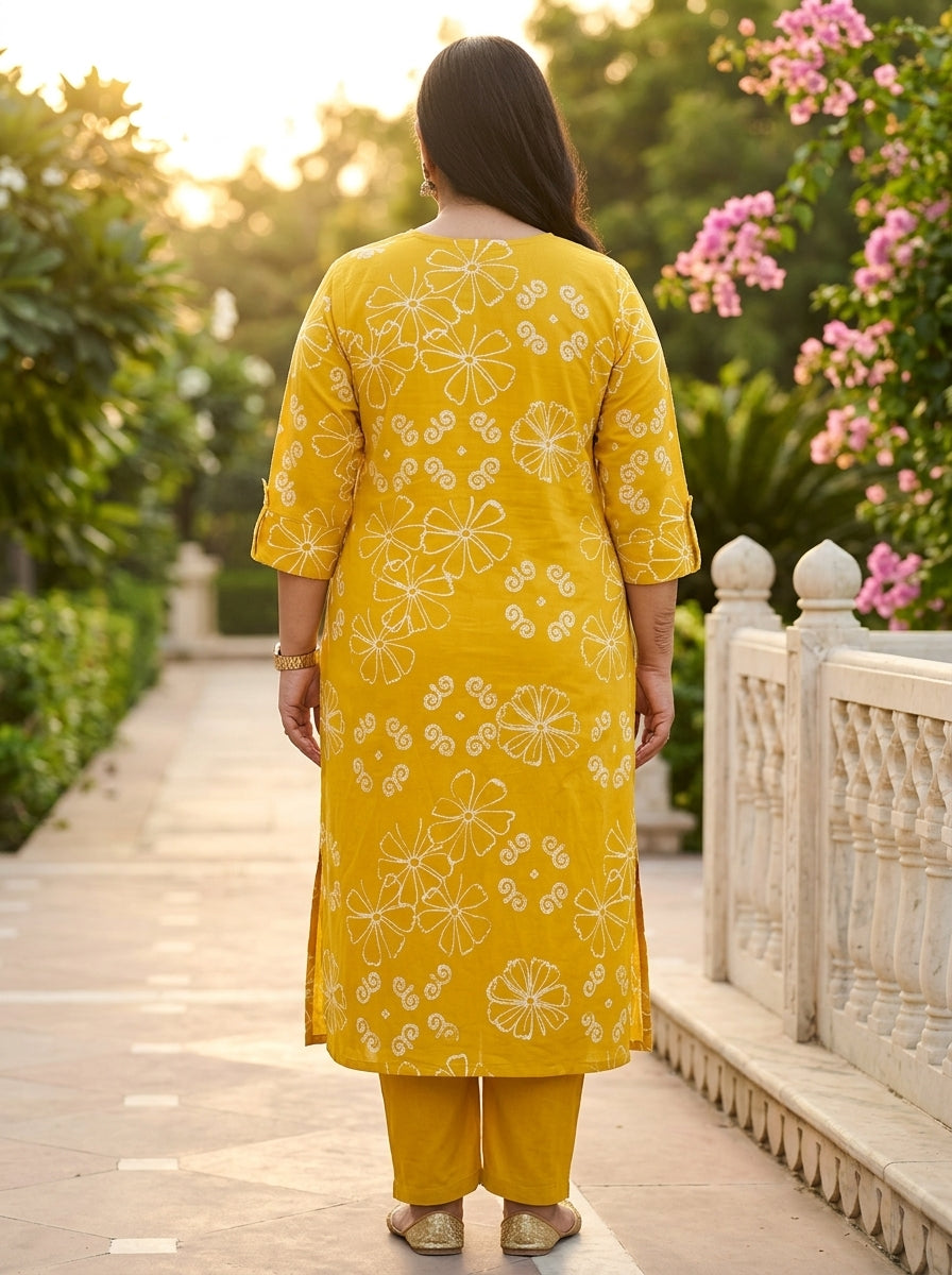 Yellow Cotton Printed Kurta Pant Set with Dupatta Plus Size-200115
