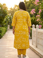 Yellow Cotton Printed Kurta Pant Set with Dupatta Plus Size-200115