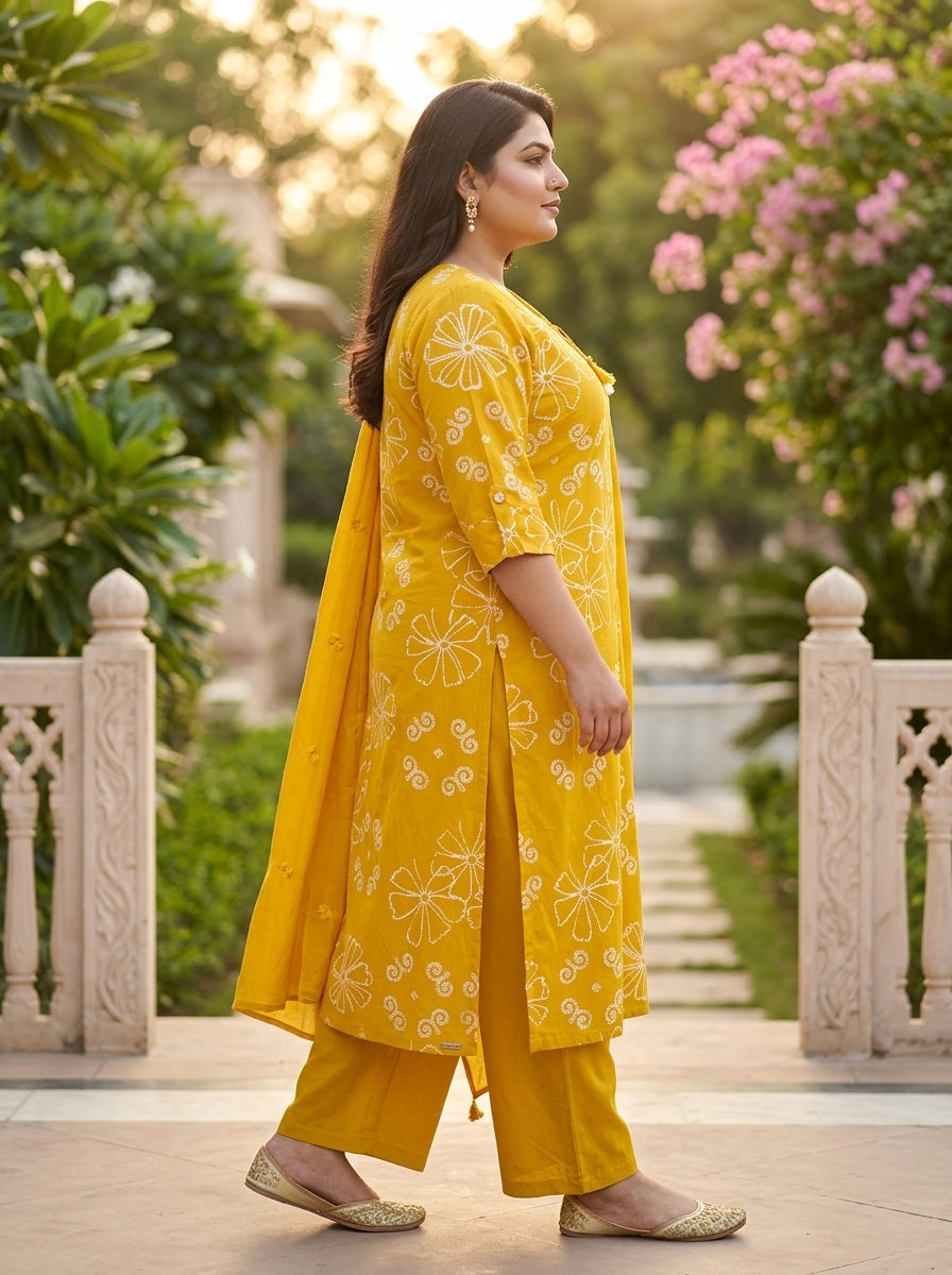 Yellow Cotton Printed Kurta Pant Set with Dupatta Plus Size-200115