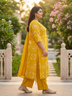 Yellow Cotton Printed Kurta Pant Set with Dupatta Plus Size-200115