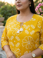 Yellow Cotton Printed Kurta Pant Set with Dupatta Plus Size-200115