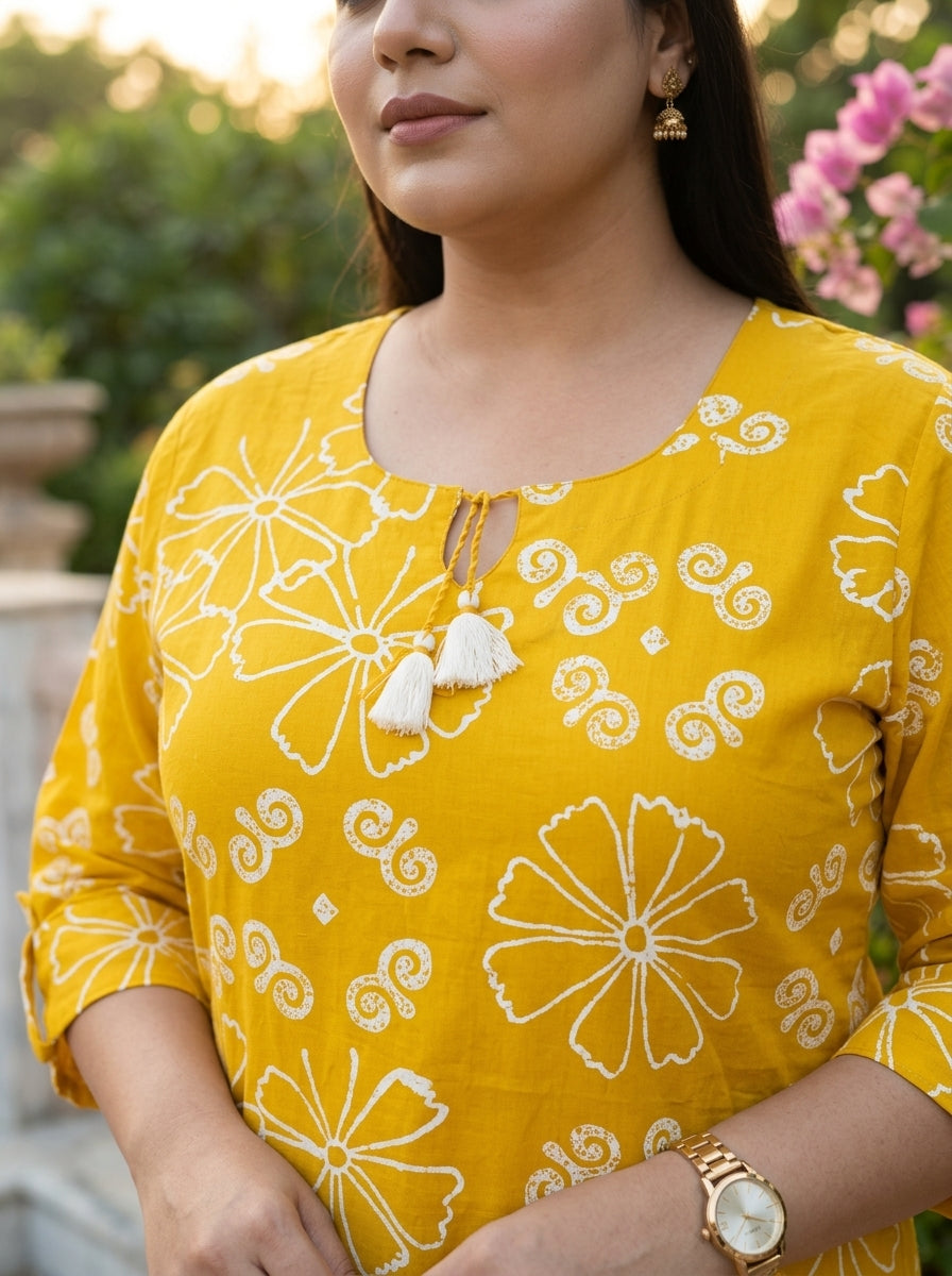 Yellow Cotton Printed Kurta Pant Set with Dupatta Plus Size-200115