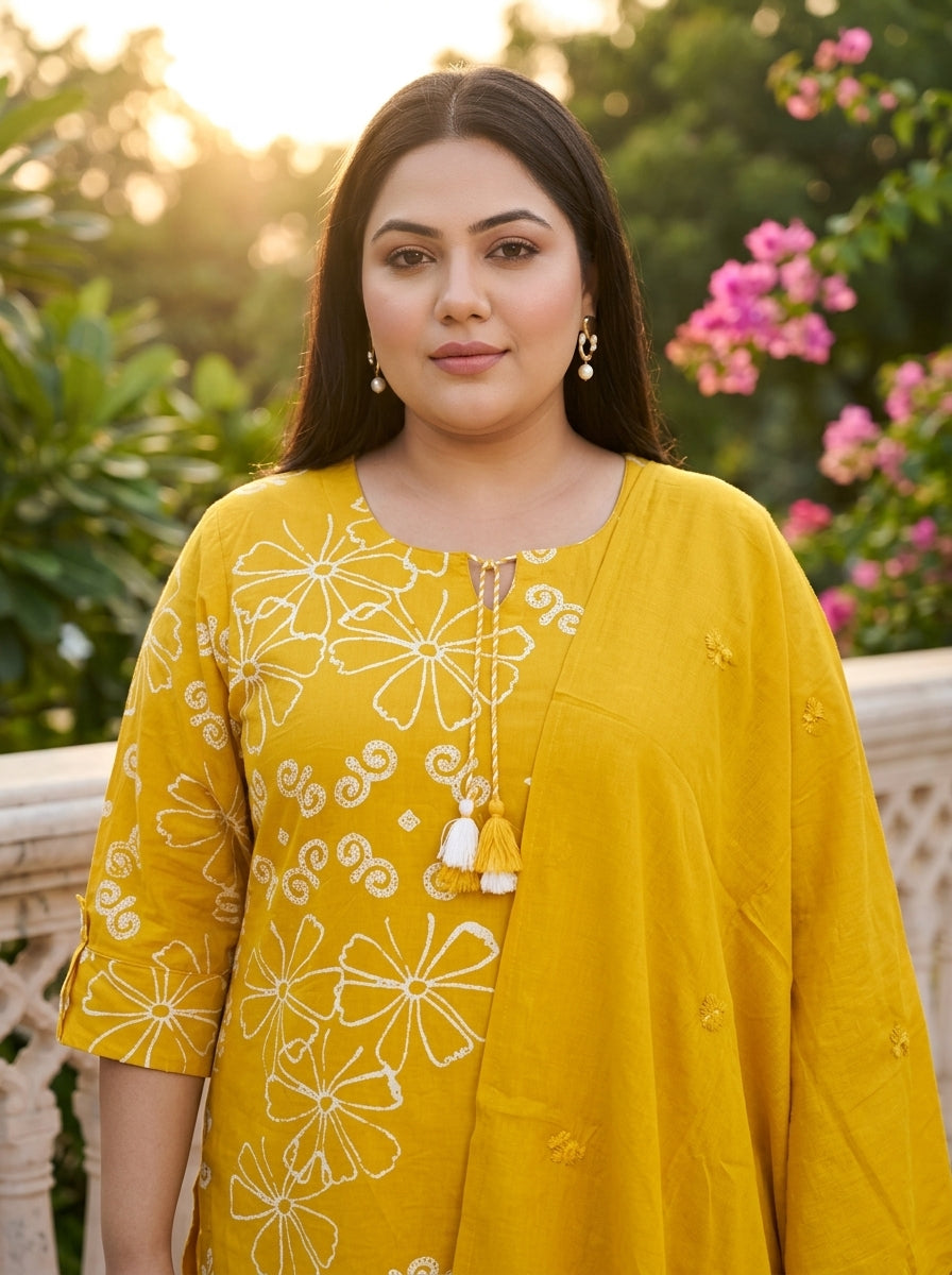 Yellow Cotton Printed Kurta Pant Set with Dupatta Plus Size-200115