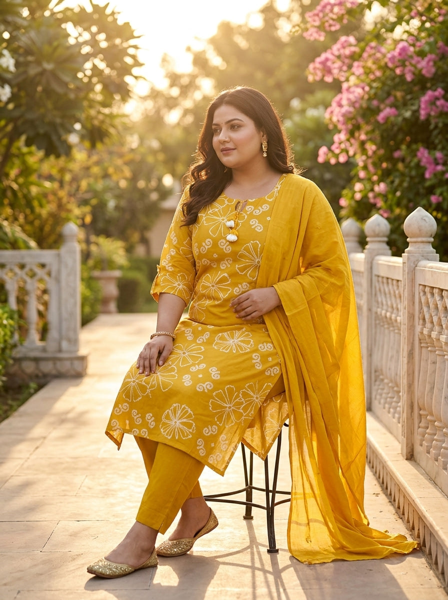 Yellow Cotton Printed Kurta Pant Set with Dupatta Plus Size-200115